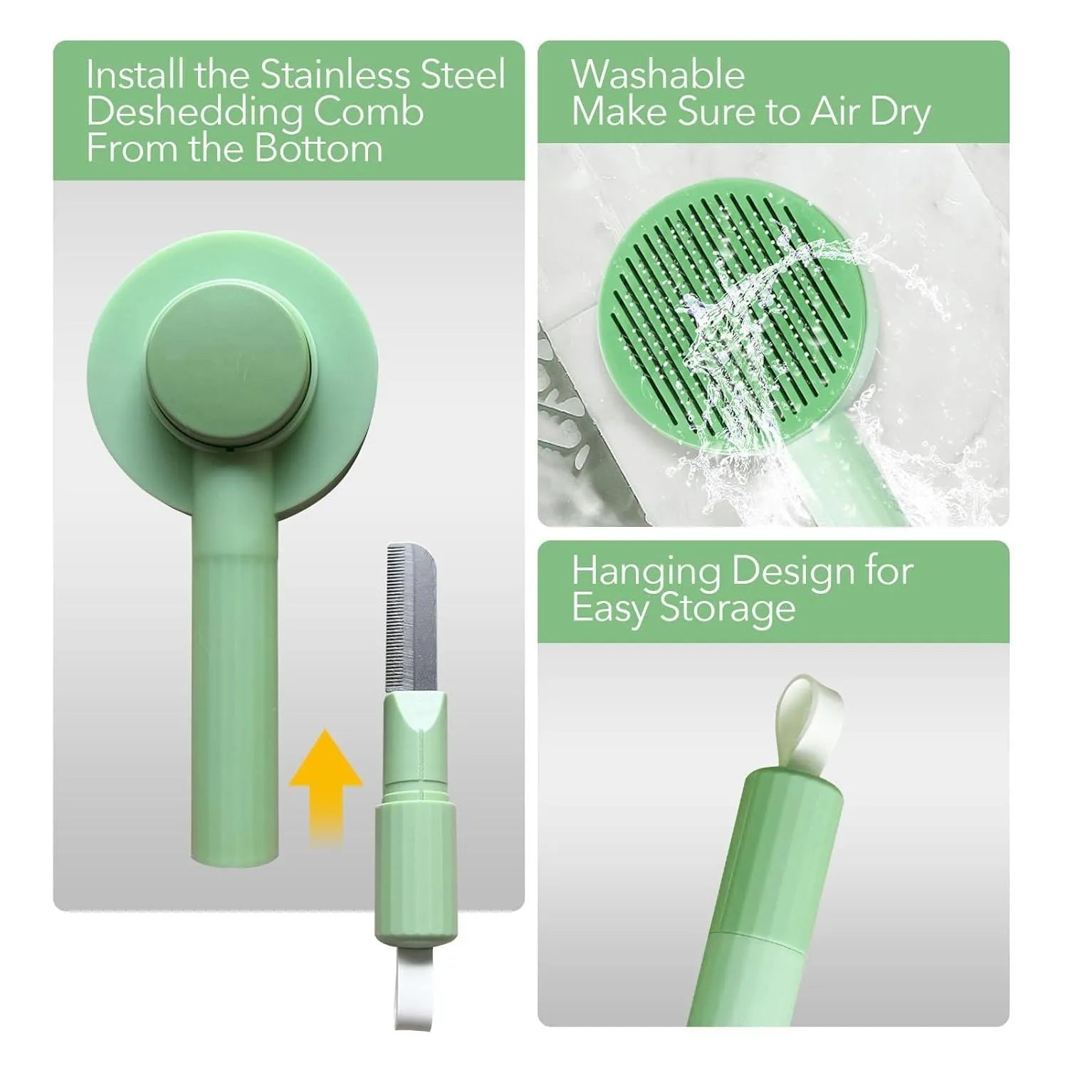 Green pet grooming brush with stainless steel teeth for deshedding cats and dogs