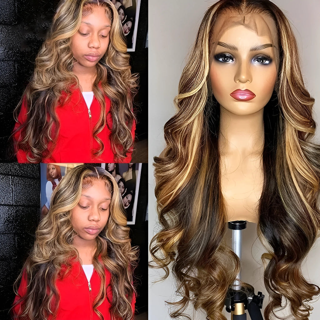 Front lace wig with 134 gradient colour showing long curly hair and side bangs