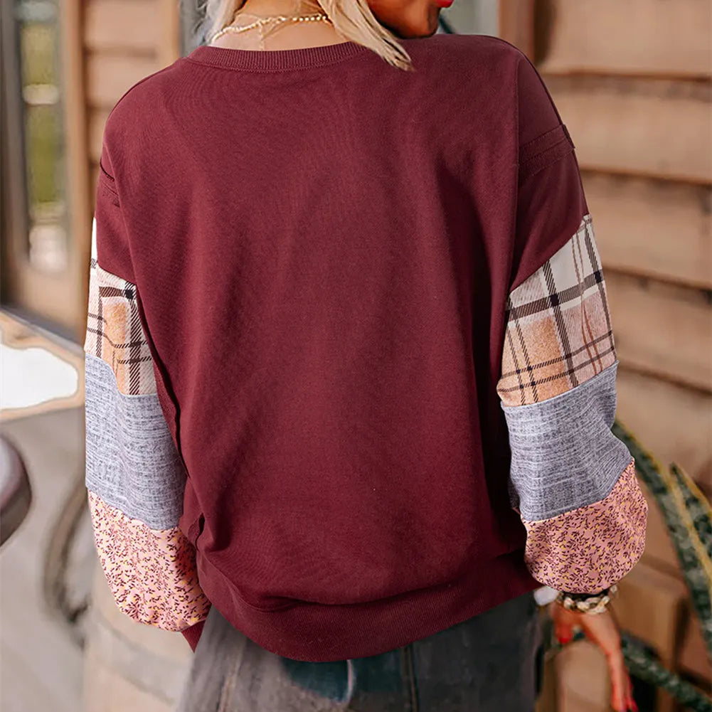 Women's plaid stitching long-sleeved loose top in apricot colour with Japanese casual style