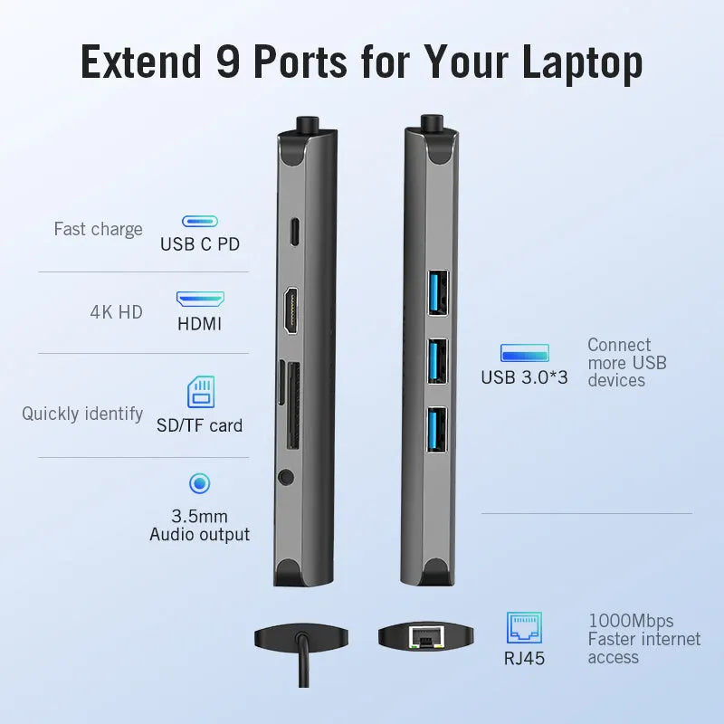 Deep grey aluminium USB Type-C hub showing HDMI, USB, Ethernet, and card reader ports.