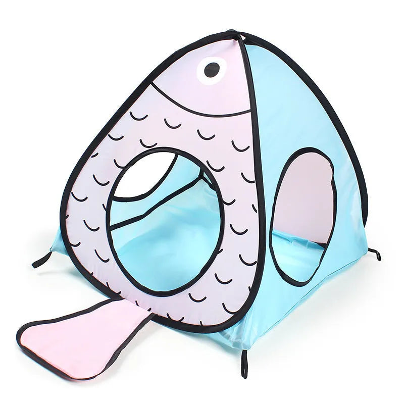 Foldable cat tent tunnel playhouse in cat and fish theme with collapsible PP construction
