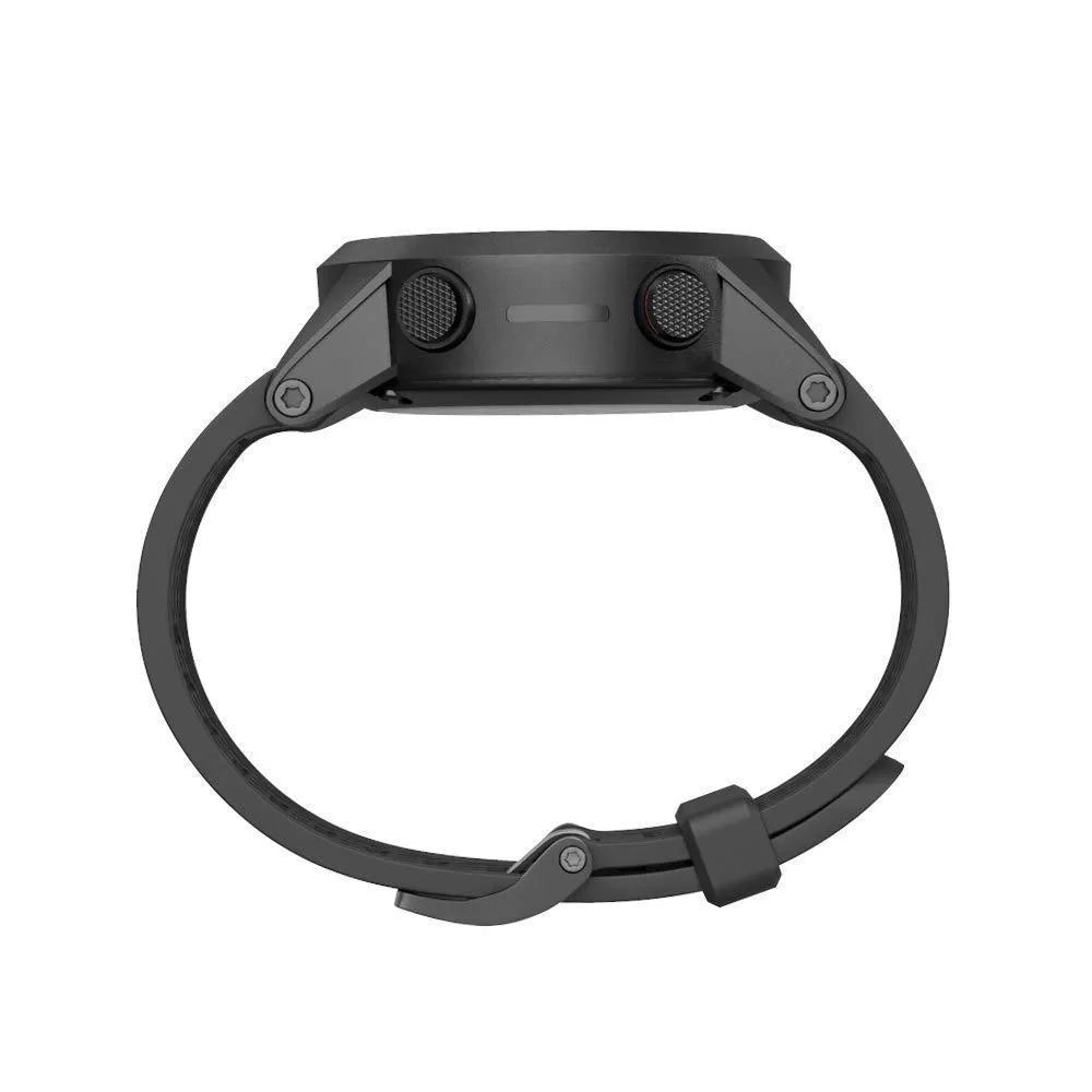 Close-up of a black silicone sports watch strap for a 26mm Jiaming watch case