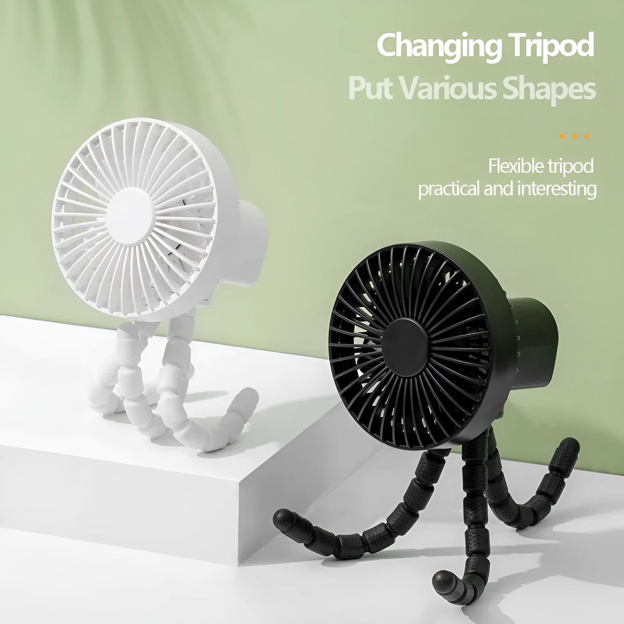 Black USB rechargeable desk fan with flexible tripod legs and an adjustable bending head on a wooden desk.