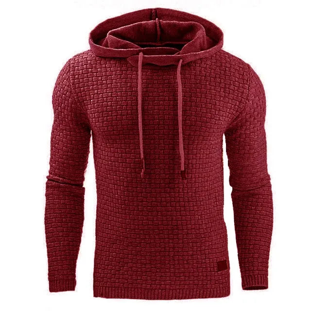 Men's black cotton-polyester blend hooded sweatshirt on a hanger