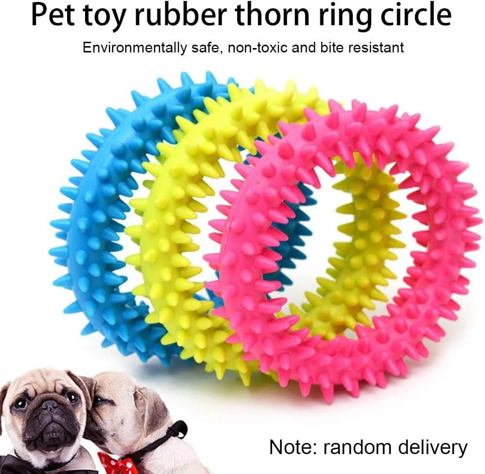 Blue spiky circle ring dog chew toy made of TPR on a white background.