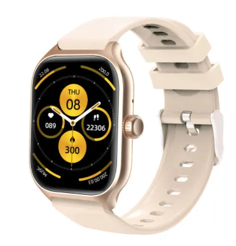 Bluetooth smart watch with full touch screen and silicone strap showing health monitoring functions