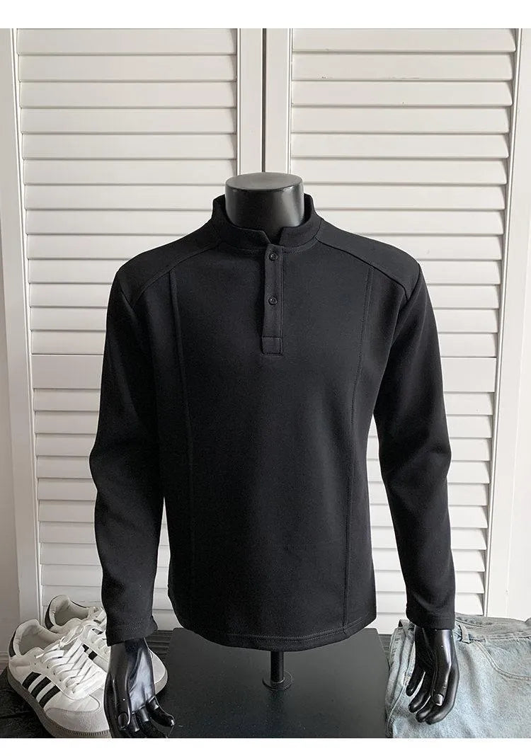 Men's long sleeve polo shirt with stand-up collar and asymmetric patchwork design in loose fitting style