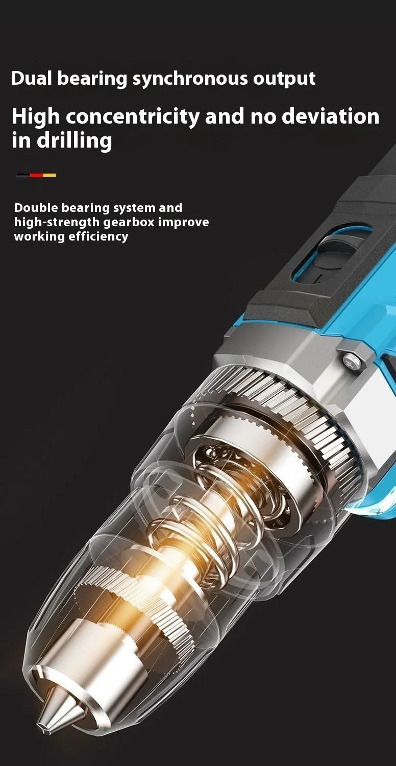 12V dual-speed pistol grip impact drill and electric screwdriver set inside a plastic storage box.