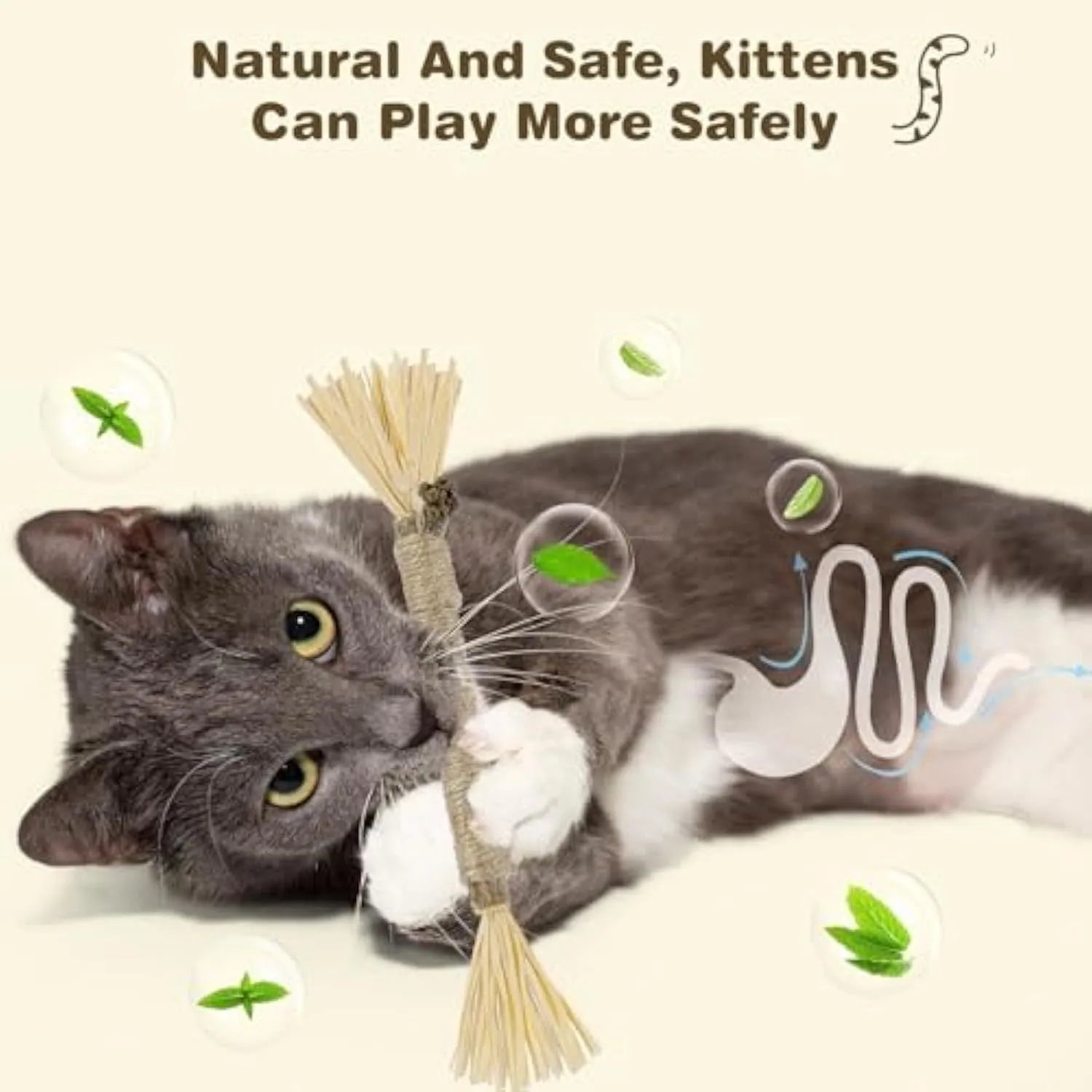 A pack of three natural silvervine chew sticks for cats with sisal rope, for dental care and enrichment.