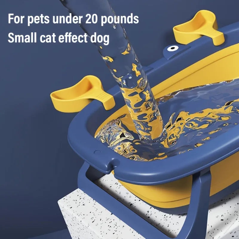 Foldable portable pet tub in blue or orange for cats and small dogs under 20 pounds