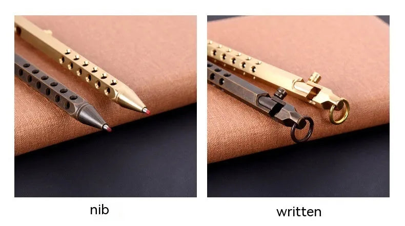 Brass hexagonal bolt action pen showing six-sided barrel and bolt mechanism in natural brass finish