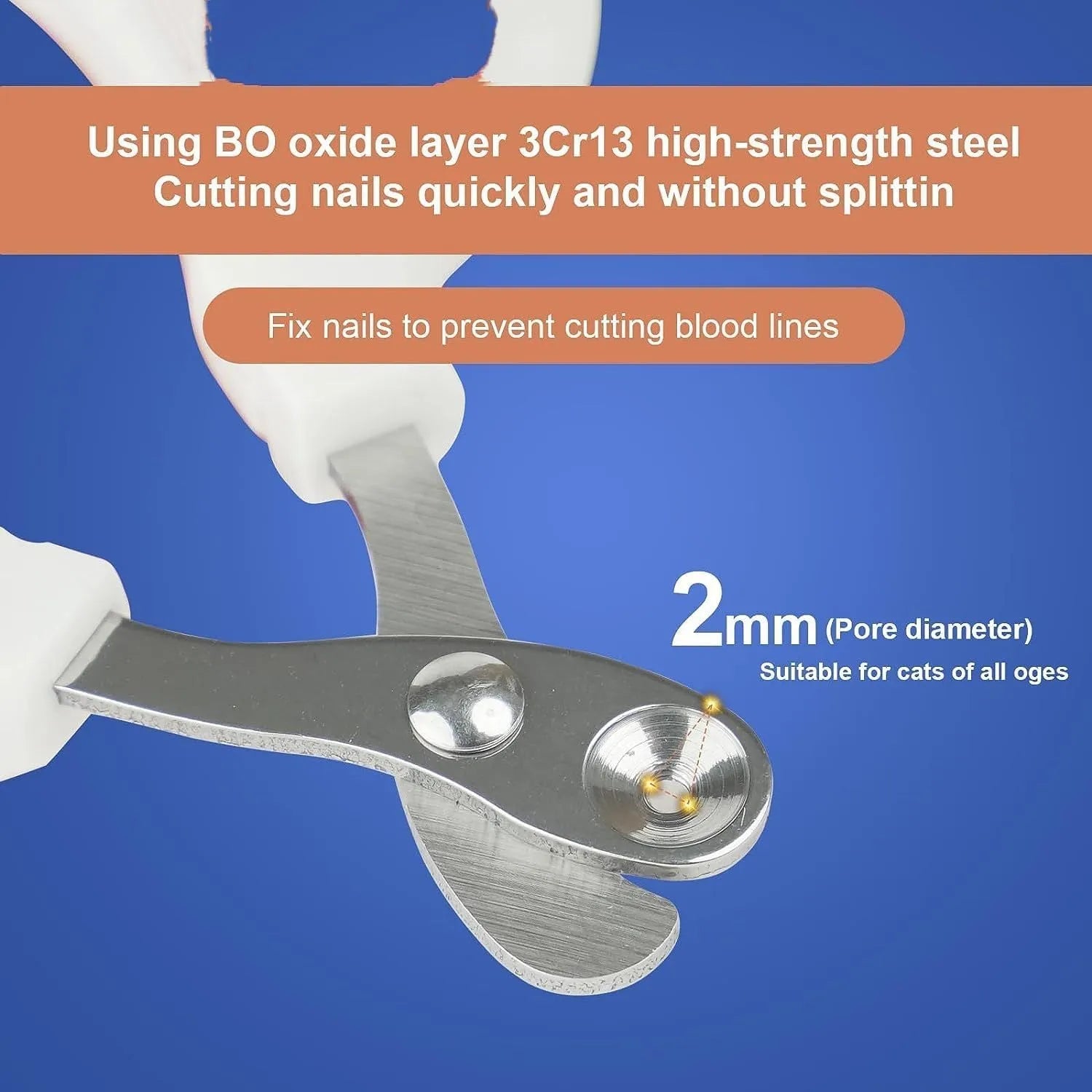 Blue cat nail clippers with circular hole and cushioned handle on a plain background