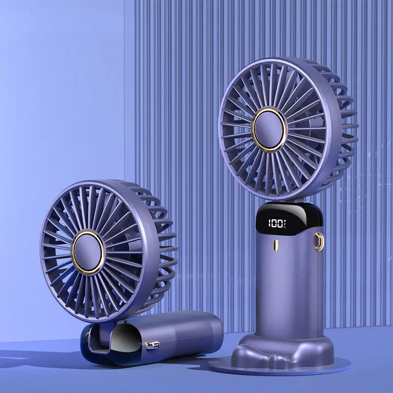 USB rechargeable mini handheld fan in white with foldable neck design and LED display