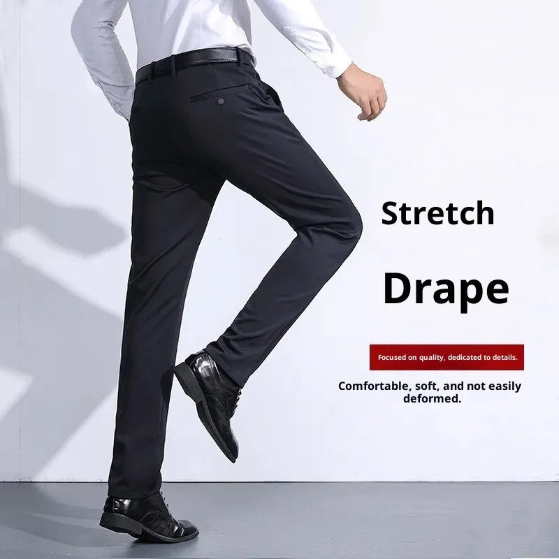 Men's black slim straight formal trousers made from polyester fibre with micro-elastic waistband, front view