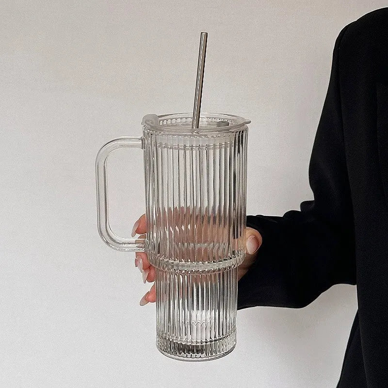 Solid colour 740ml manual blown glass cup with handle and optional straw
