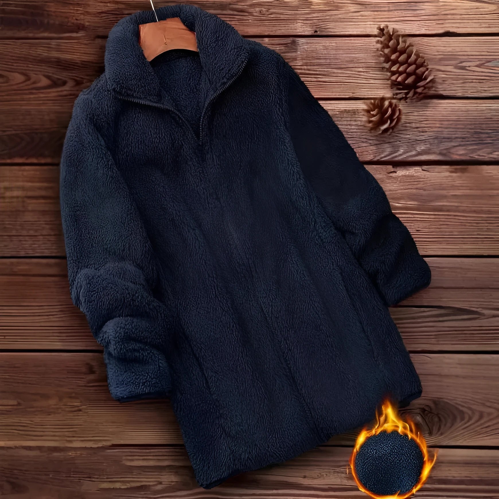 Double-sided fleece jacket in black, navy blue, or khaki colours, showing soft velvet texture and casual fit.