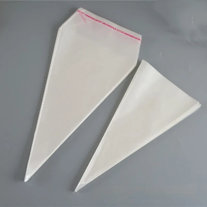 Clear triangle plastic packaging bag with integrated wire tie closure showing three size options