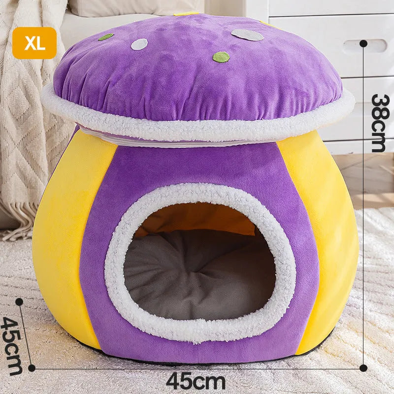 Plush grey mushroom-shaped cat bed with a detachable rabbit fur blanket inside.