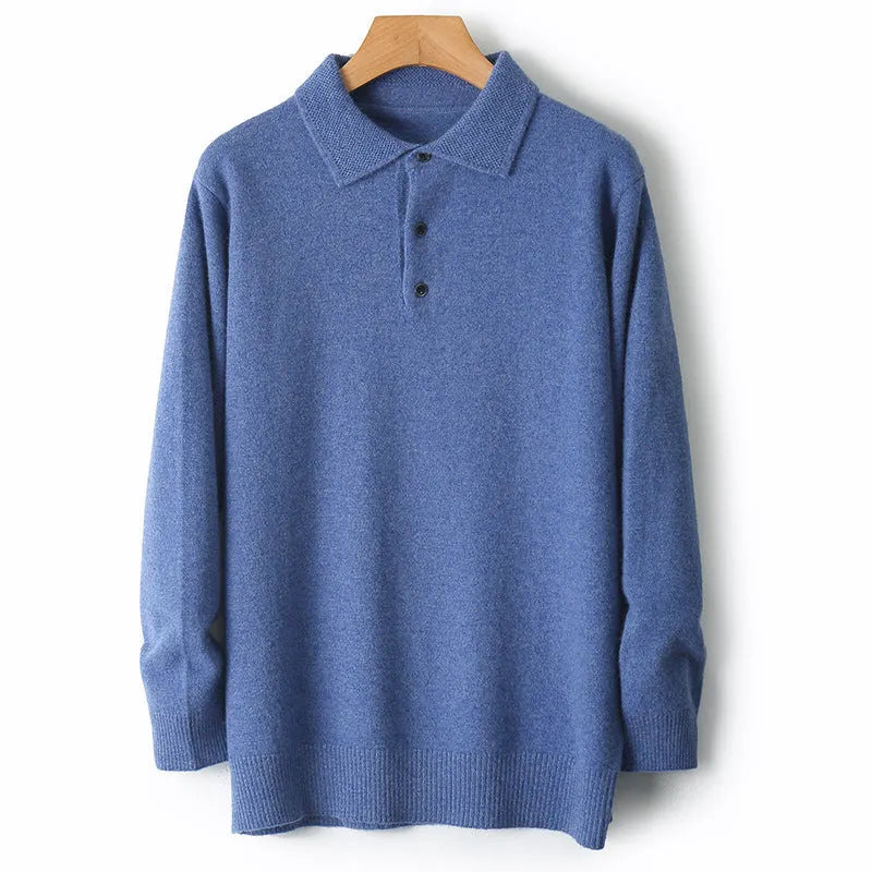 Men's wool polo collar sweater in seven colours with long sleeves and knit texture