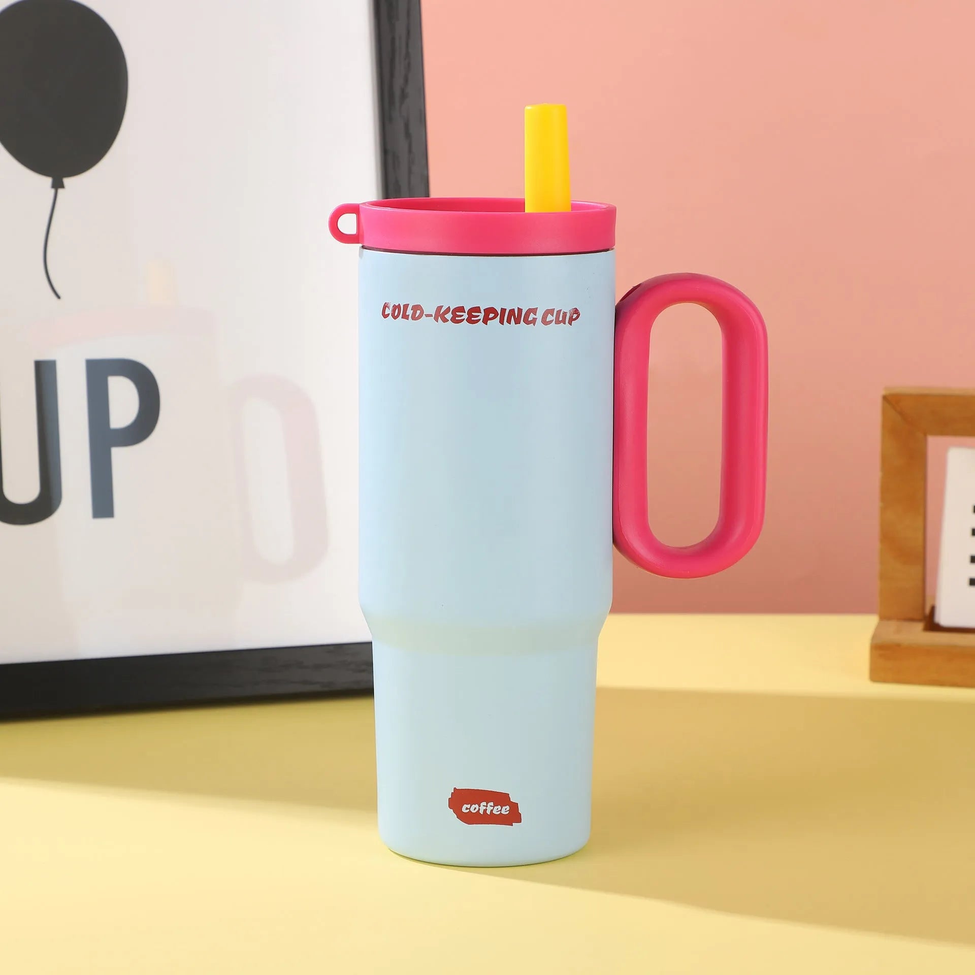 Large capacity insulated straw cup with handle in multiple colour options for DIY drinks