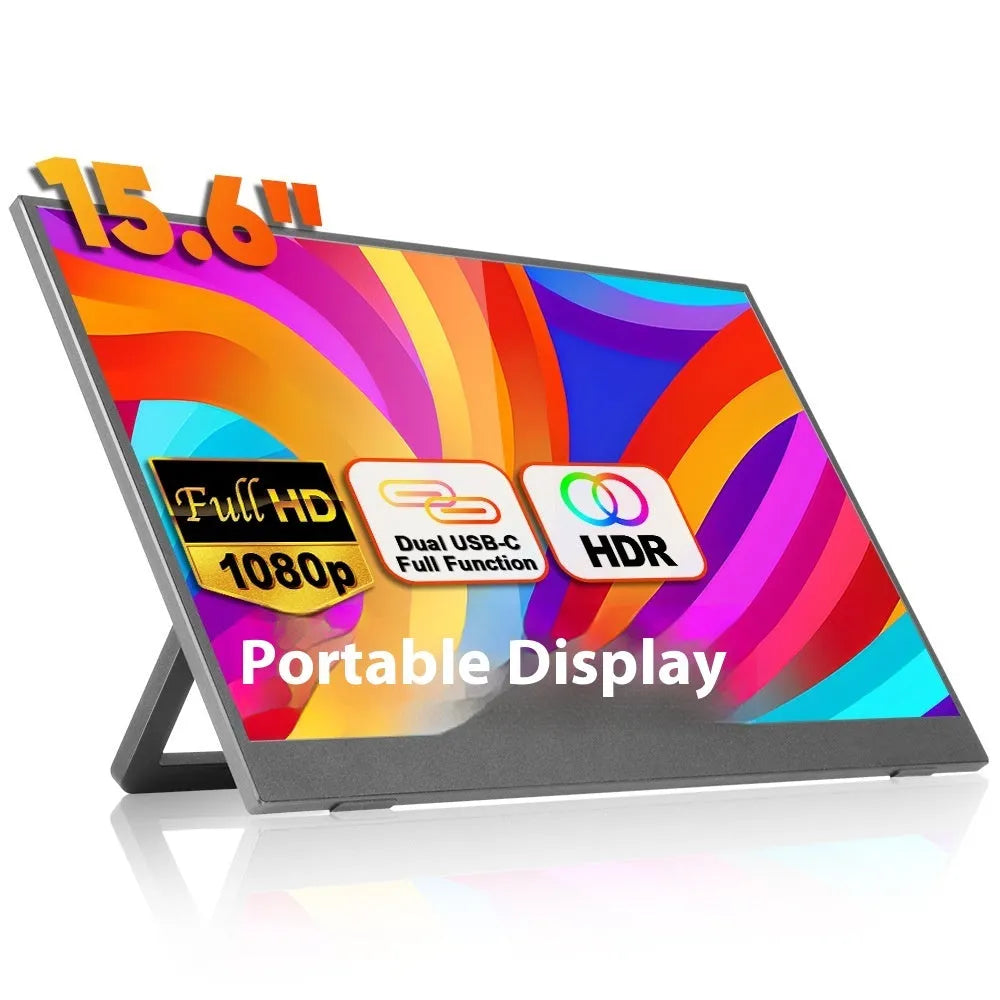 Black 15.6-inch portable monitor with adjustable stand shown with connectivity cables