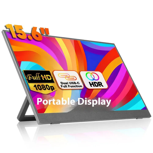 Black 15.6-inch portable monitor with adjustable stand shown with connectivity cables