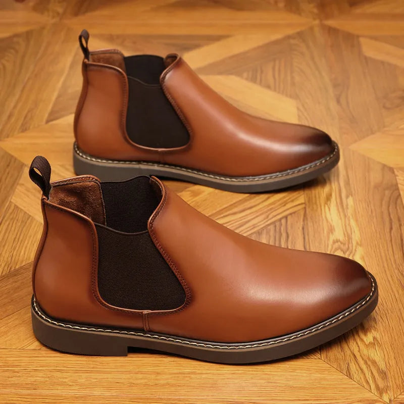 Men's black formal pointed-toe leather boots with a square heel on a white background.