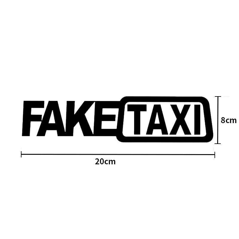 Waterproof FAKE TAXI car warning sticker in yellow, 20cm by 8cm, on a vehicle window.