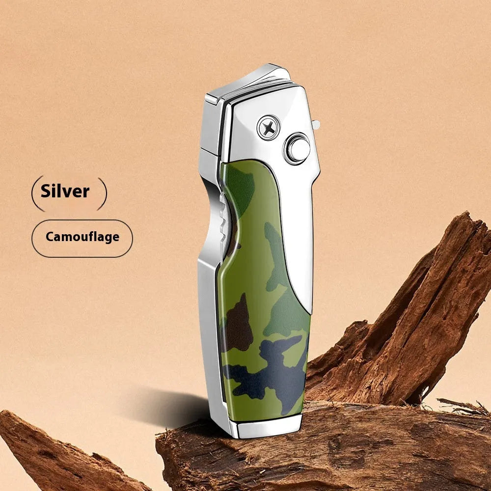Metal folding lighter with straight jet flame and folding knife in various colour finishes