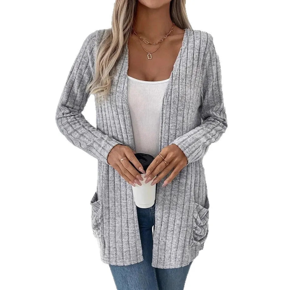 Loose fit solid colour long sleeve cardigan in granny grey with pocket styling and regular sleeves