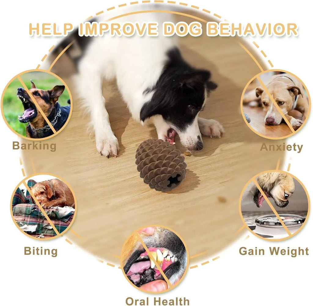 Yellow pine cone shaped natural rubber dog chew toy with treat dispenser hole, for medium and large breed dogs.