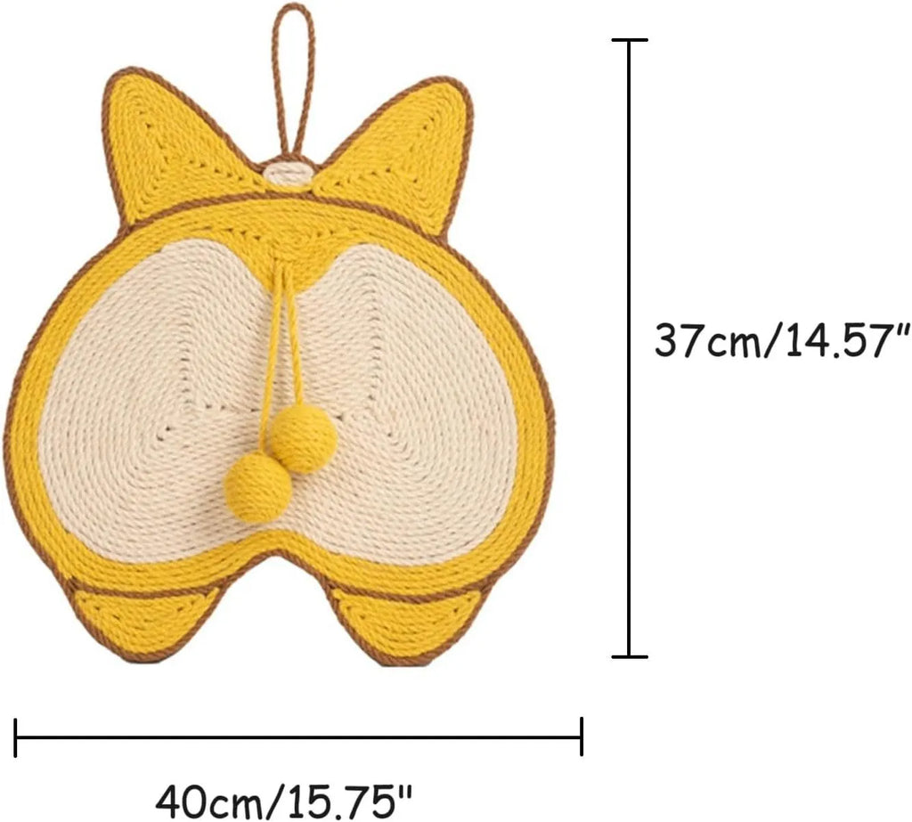 Yellow Corgi design cat scratching board with natural sisal surface measuring 37x40cm