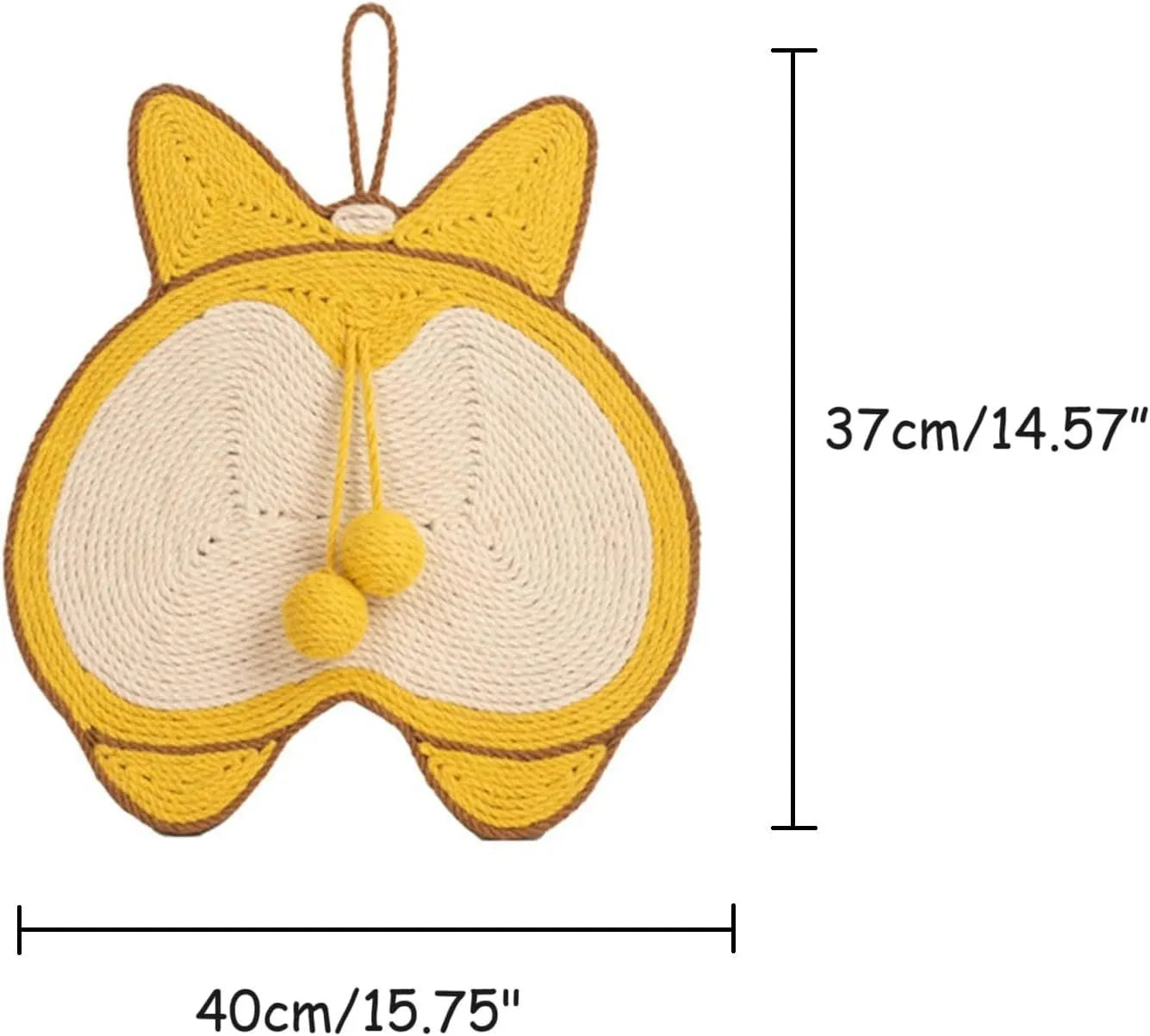 Yellow Corgi design cat scratching board with natural sisal surface measuring 37x40cm
