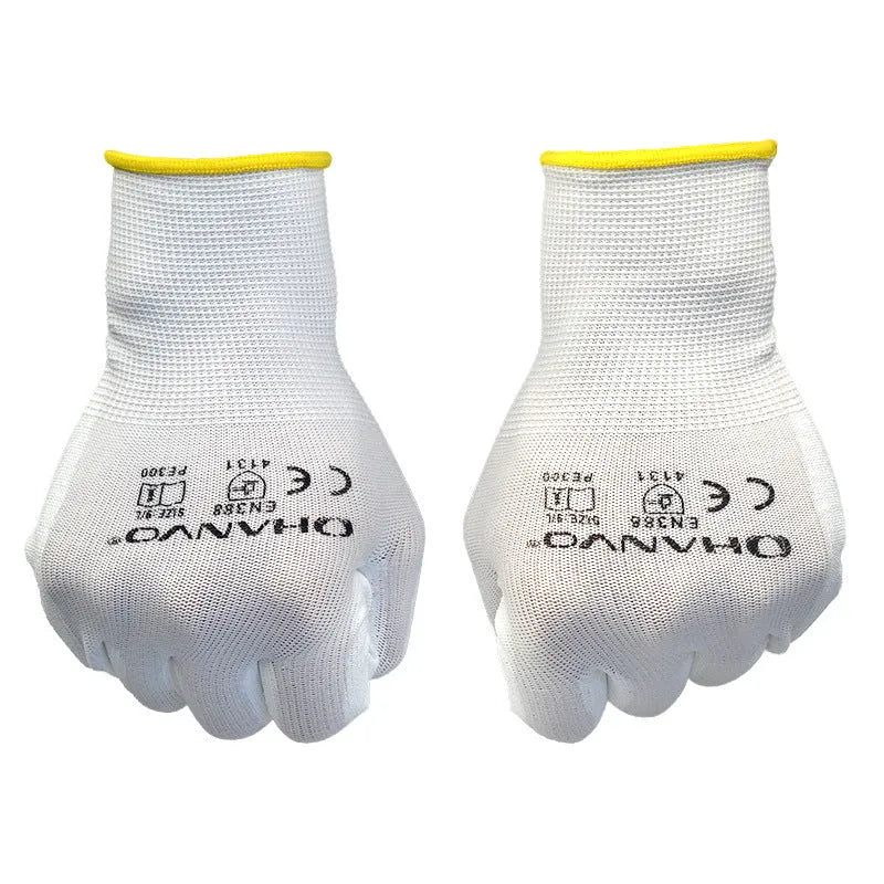 White PU coated labour gloves with 24 cm length shown in large and medium sizes