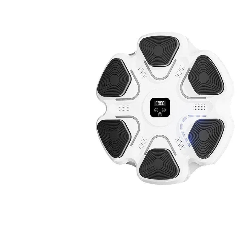 Smart electronic boxing wall target with lights, paired with black and white smart music focus gloves for adults and children.