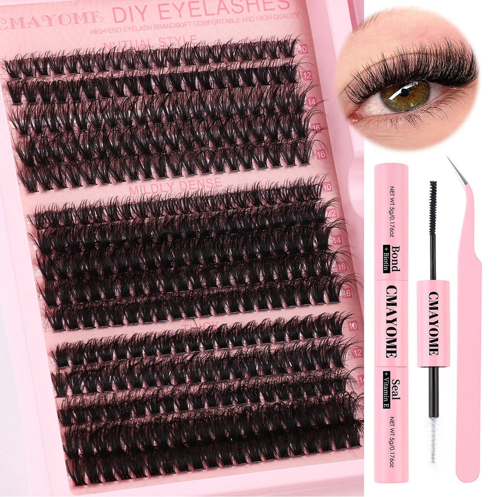 DIY false eyelash extension suit showing cluster segment lashes and application tweezers