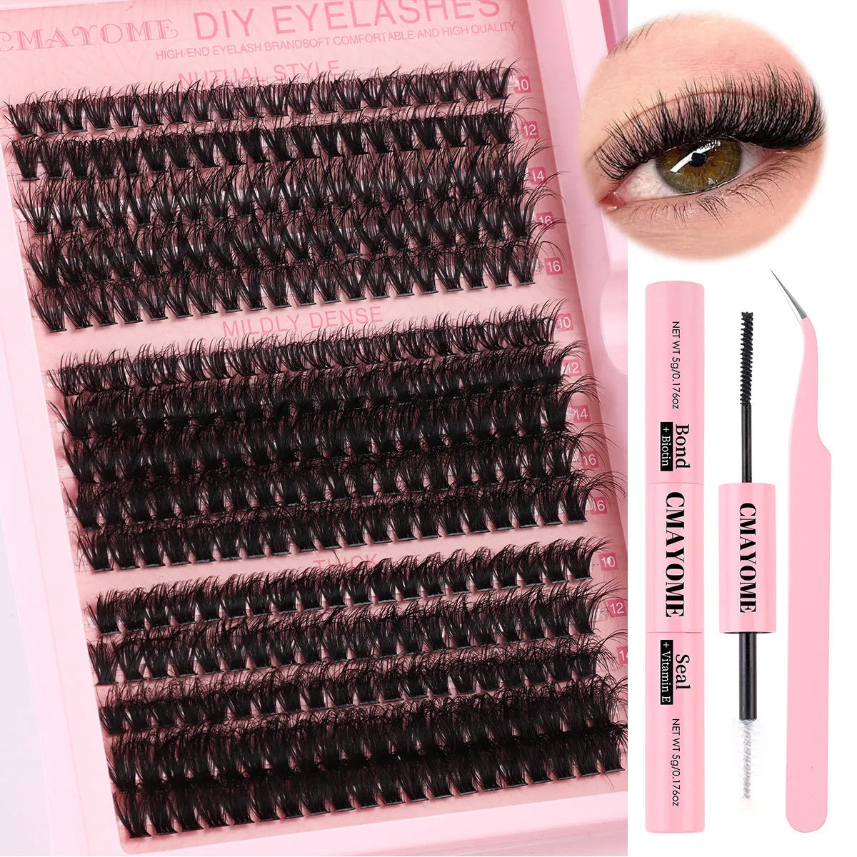 DIY false eyelash extension suit showing cluster segment lashes and application tweezers