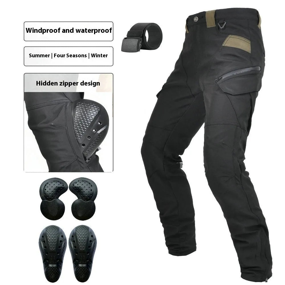Men's waterproof motorcycle trousers in green and black colours with belt and protective gear