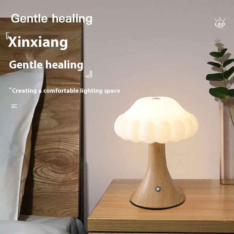 Mushroom shaped touch control night light with USB charging in wood grain colour finish