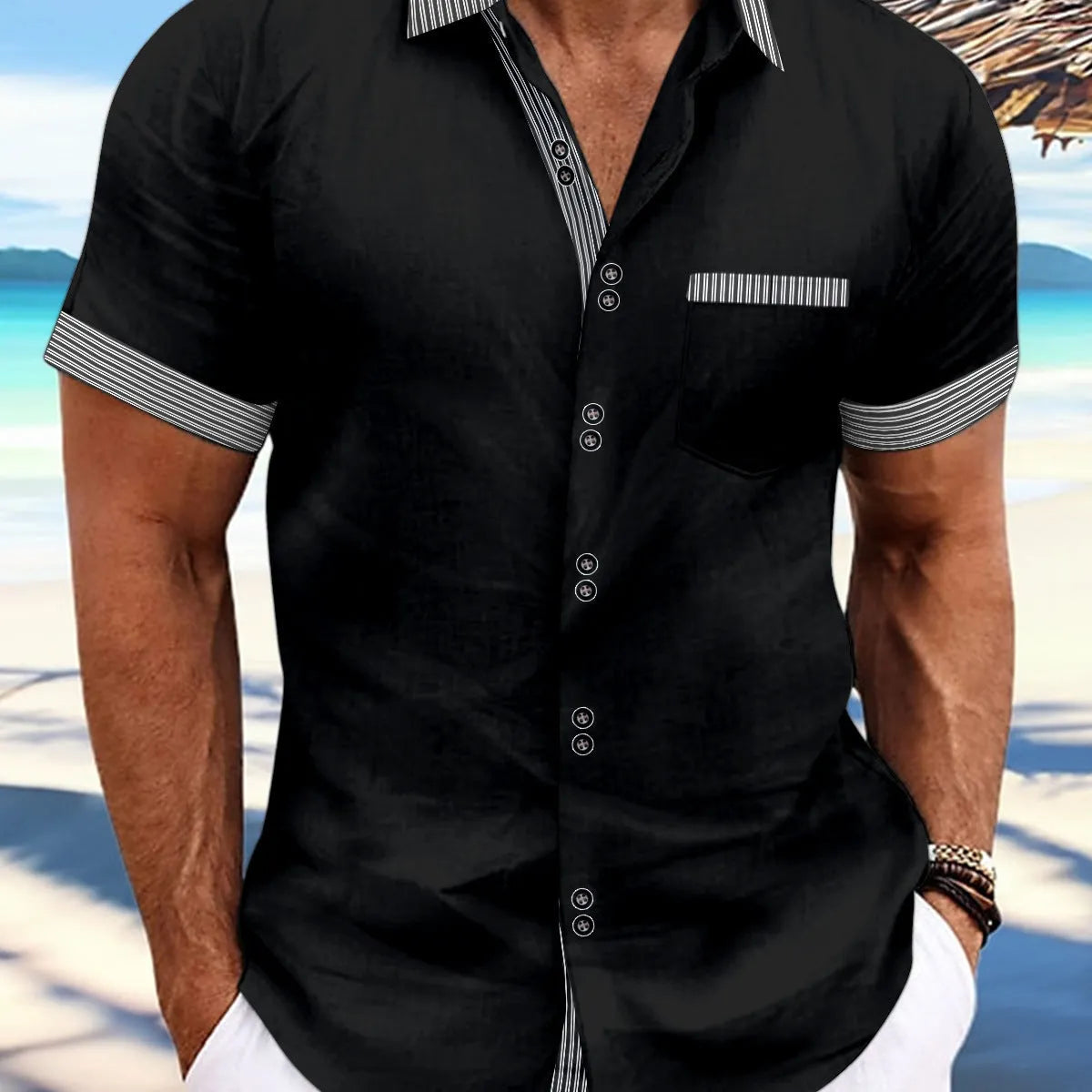 Double button striped casual shirt in pure cotton with slim fit and short sleeves