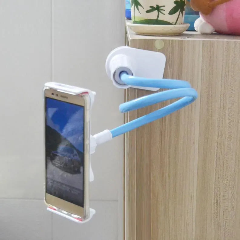 Black oversize flat panel bedside phone holder with long flexible aluminium arm on a table
