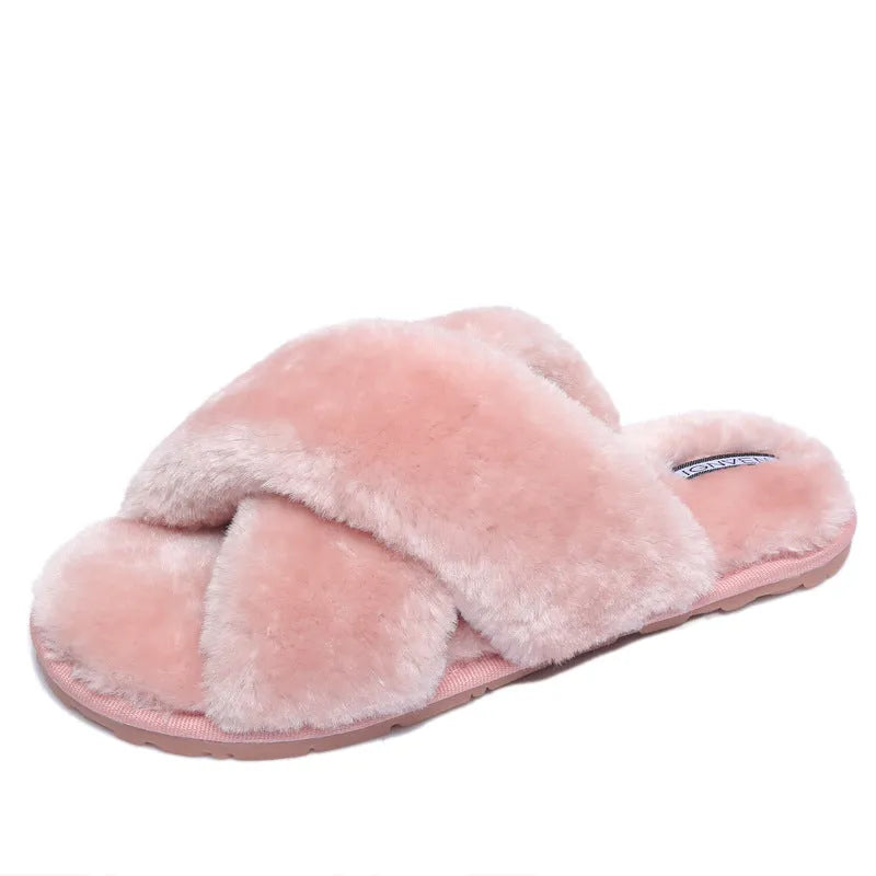 Cross open-toe fur slippers in black with a patterned non-slip sole.