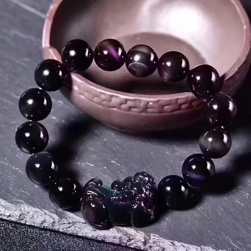 Ice colour eye obsidian crystal bracelet with stretch elastic on wrist
