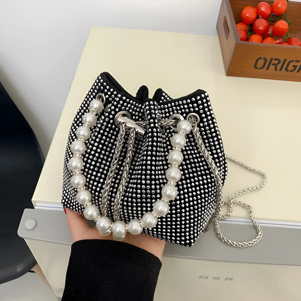 Fashion diamond-detailed PU leather bucket bag with detachable chain crossbody strap