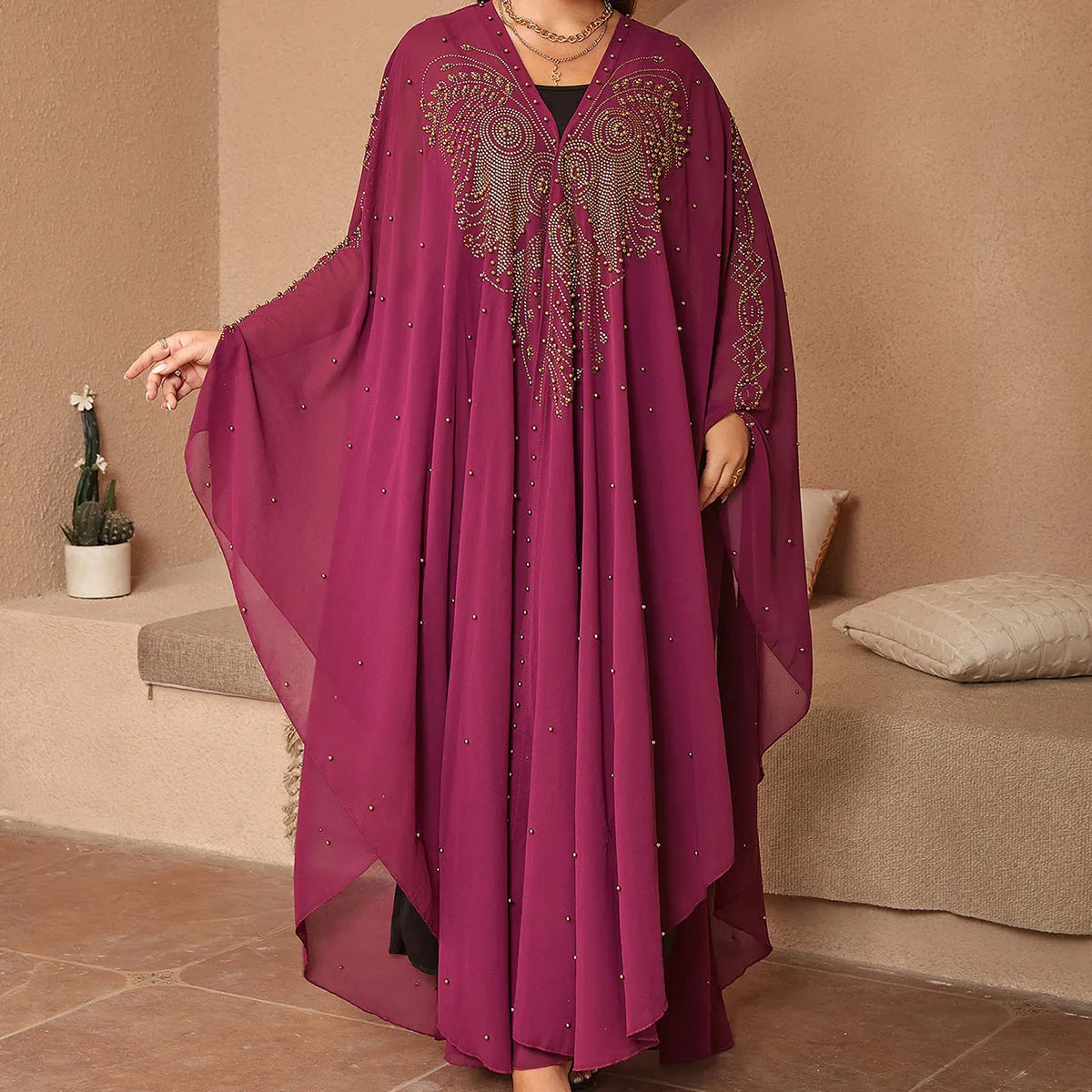 Muslim style rhinestone beaded high density chiffon cape shawl in purple black red blue yellow pink colours 135-175cm length