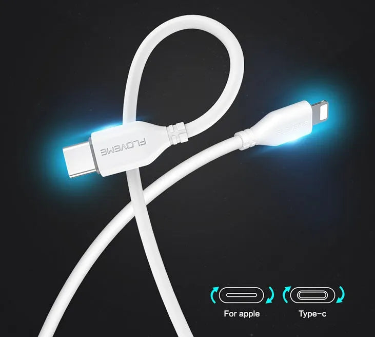White braided nylon USB-C to Lightning charging cable, 1 metre long.