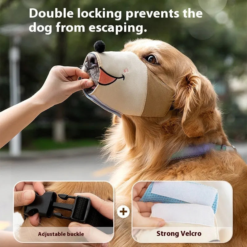 Canvas dog mouth cover muzzle shown in Ollie Brown Bear colour with secure buckle closure