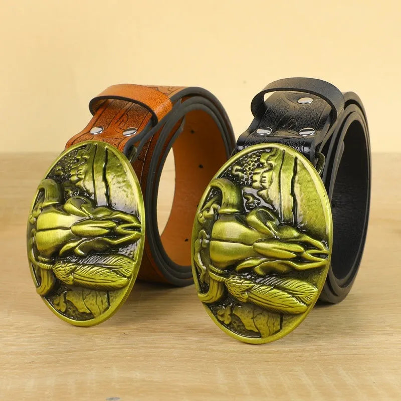 Men's black imitation leather belt with a detailed silver alloy cow head buckle shown fastened.