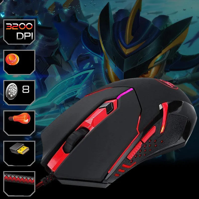 Black and red USB wired optical gaming mouse with six buttons and 1.8 metre cable