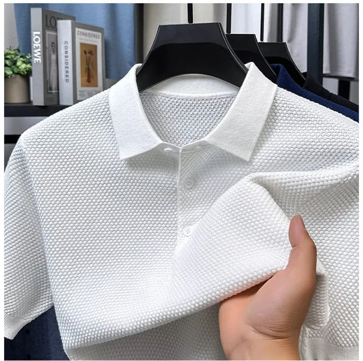 Men's loose fit short sleeve cotton pullover sweater in grey, shown on a model.